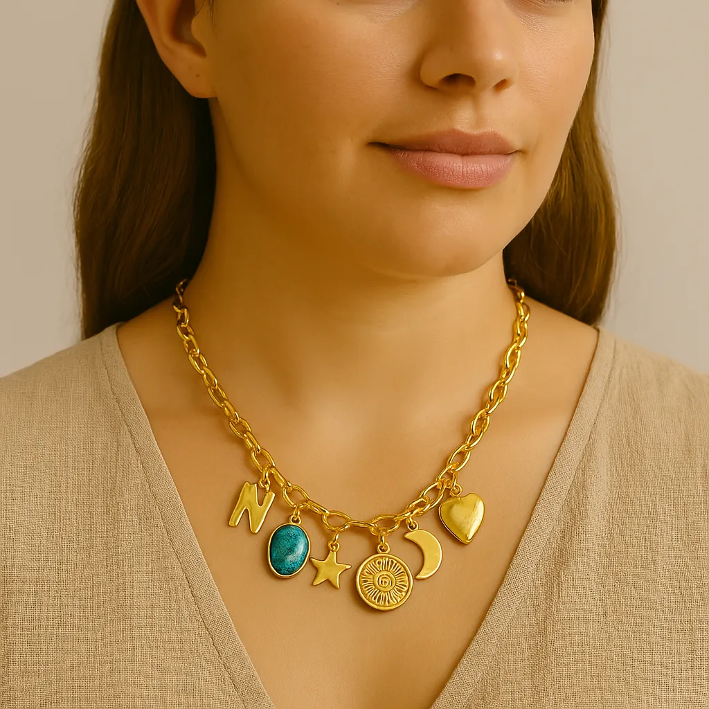 Bohemian necklace with gold chain and various pendants.