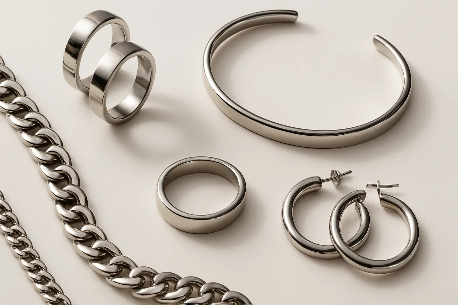 Stainless steel jewelry collection flat lay on white background