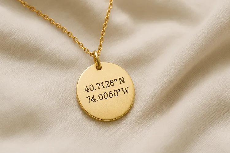 Personalized necklace with engraved coordinates, symbolizing a special memory Personalized necklace with engraved coordinates, symbolizing a special memory