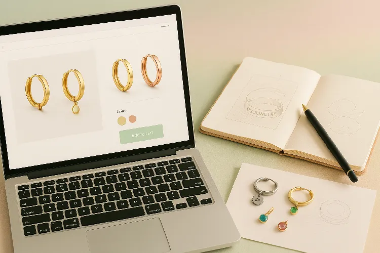 Workspace with laptop showing earrings customization options. Workspace with laptop showing earrings customization options.