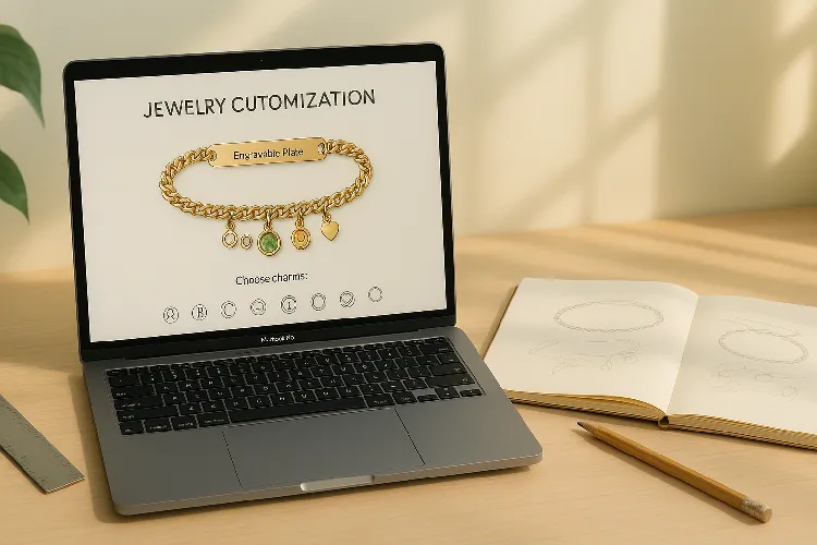 Workspace with laptop showing anklet customization options, alongside design sketches and tools Workspace with laptop showing anklet customization options, alongside design sketches and tools