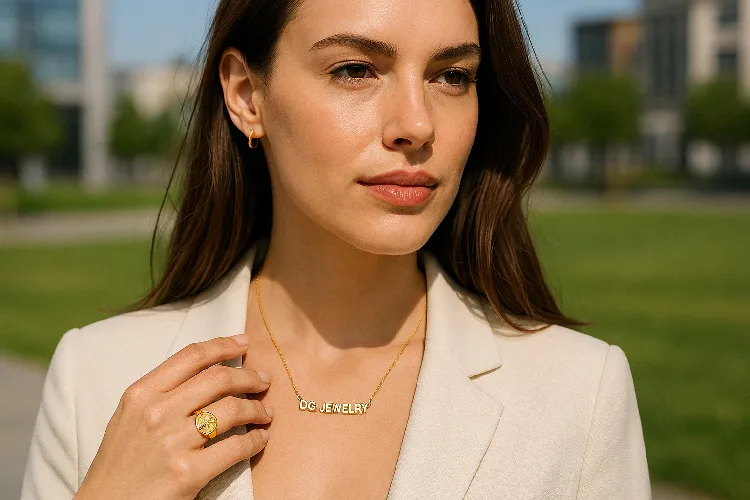 Model wearing modern personalized jewelry, including a name necklace and zodiac ring Model wearing modern personalized jewelry, including a name necklace and zodiac ring