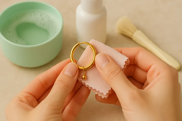 Gently cleaning customized stainless steel earrings with a soft cloth. Gently cleaning customized stainless steel earrings with a soft cloth.