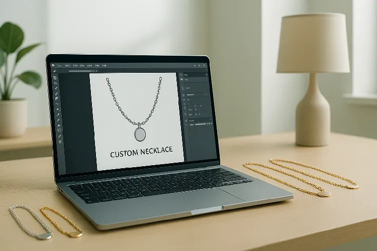 Online customization mockup alongside physical necklace samples. Online customization mockup alongside physical necklace samples.