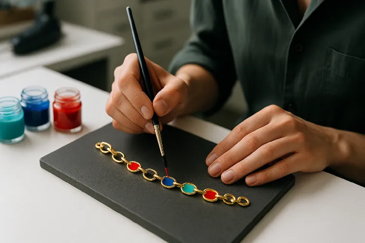 Jewelry designers add enamel to custom jewelry to fill in the color Jewelry designers add enamel to custom jewelry to fill in the color