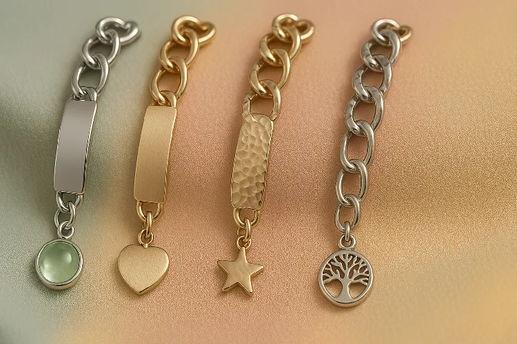 Various customized stainless steel bracelets with different finishes and charms Various customized stainless steel bracelets with different finishes and charms