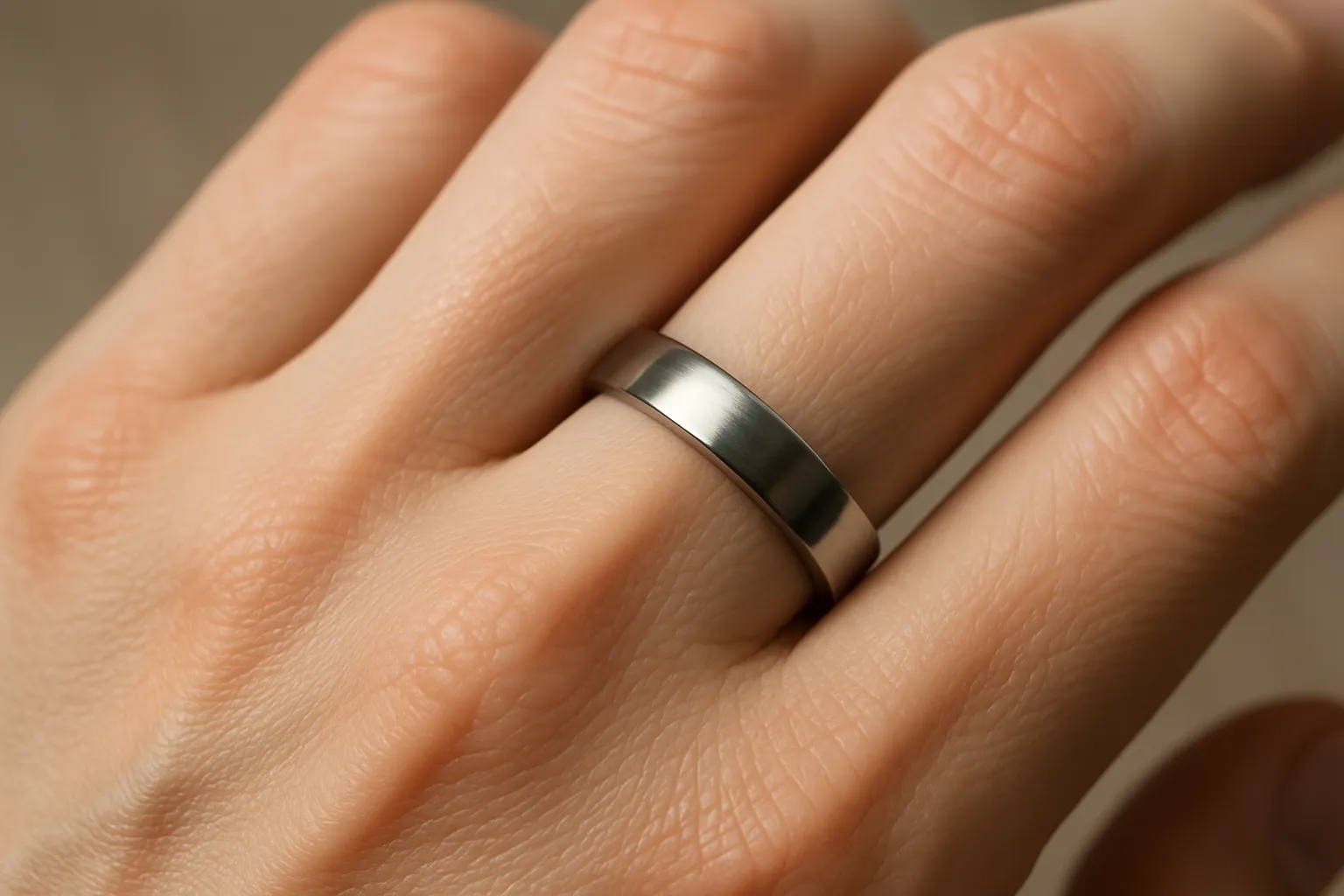 A stainless steel ring fitting comfortably on a finger.