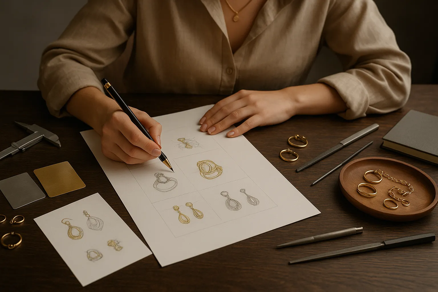 Independent designer reviewing jewelry designs and samples