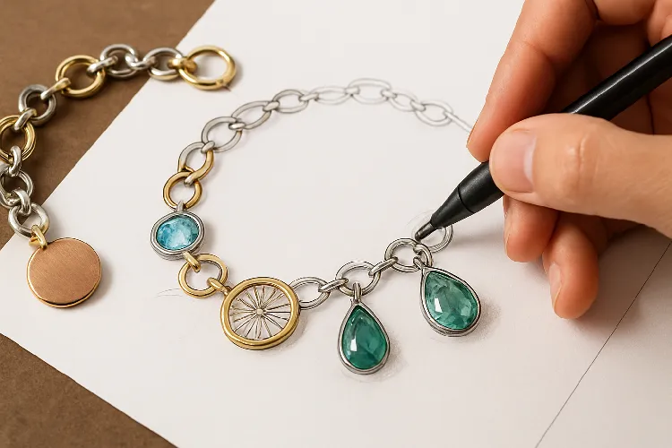 Creative charm bracelet design with mixed metals and gemstones