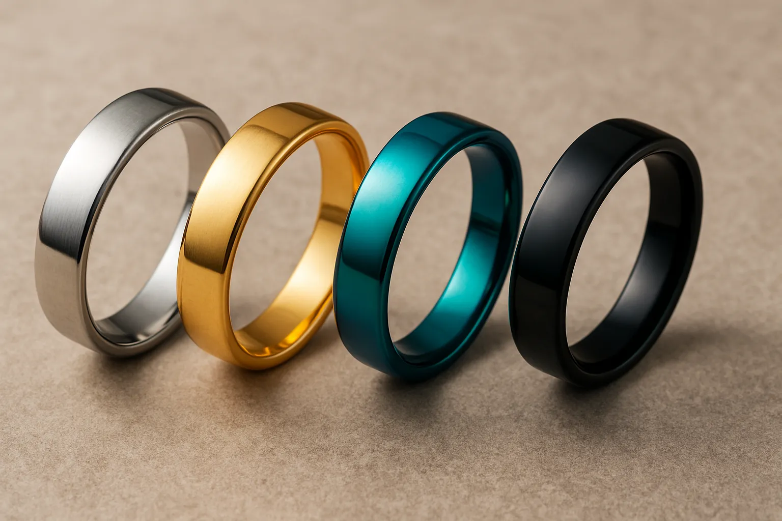 Variety of stainless steel rings with different materials and finishes.