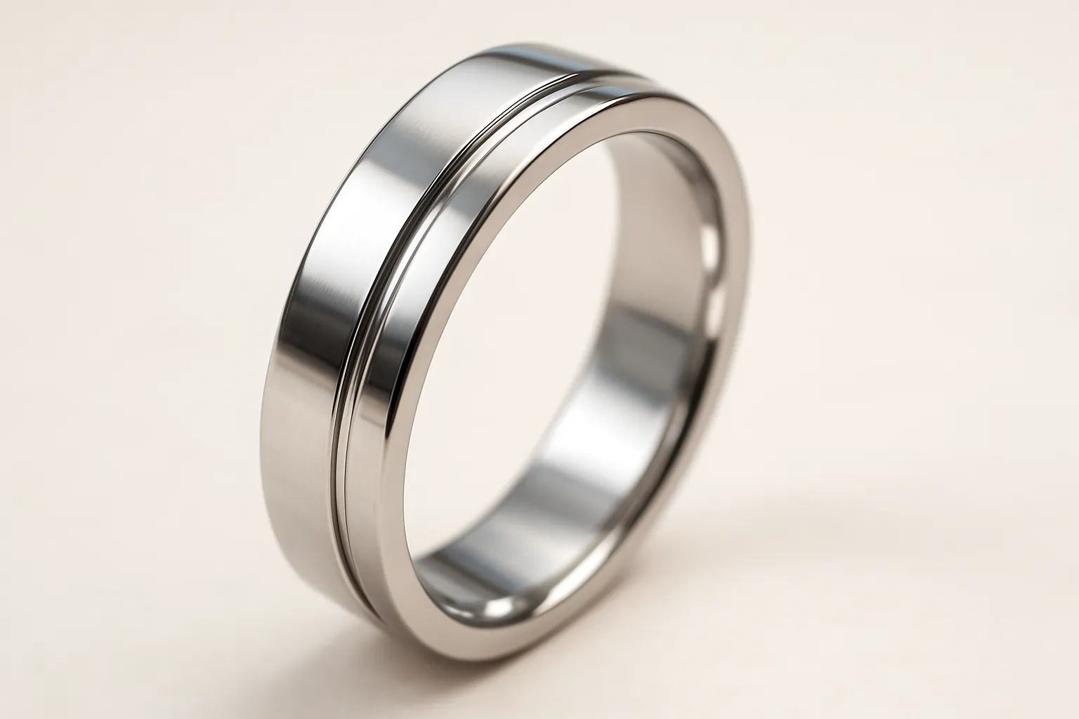 Close-up of a stunning stainless steel ring with intricate details.