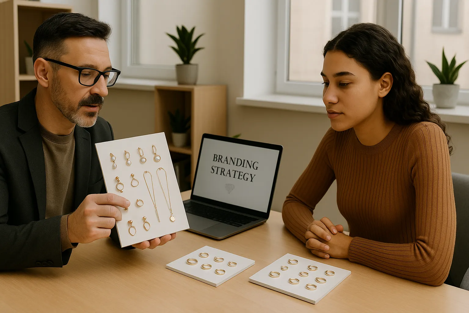 Jewelry consultant presenting solutions to a new brand