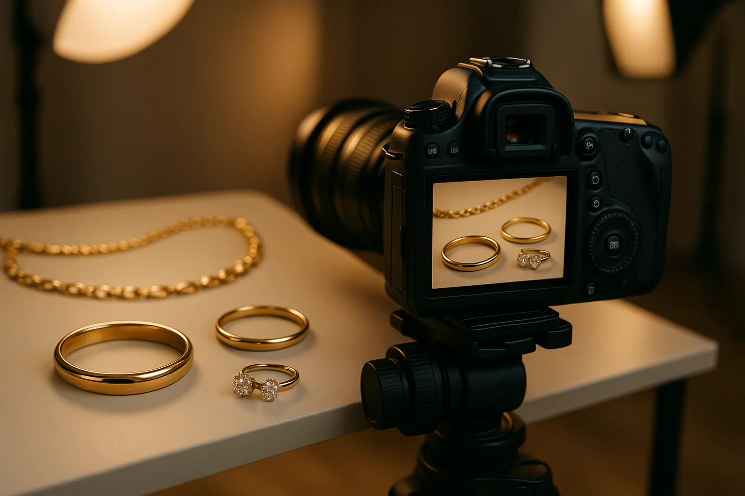 Jewelry being filmed in a professional photography studio.