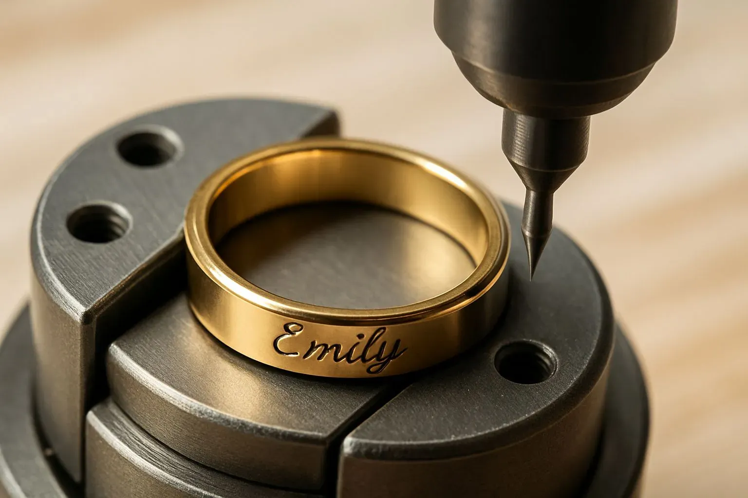 A close up of the engraving process on a custom ring
