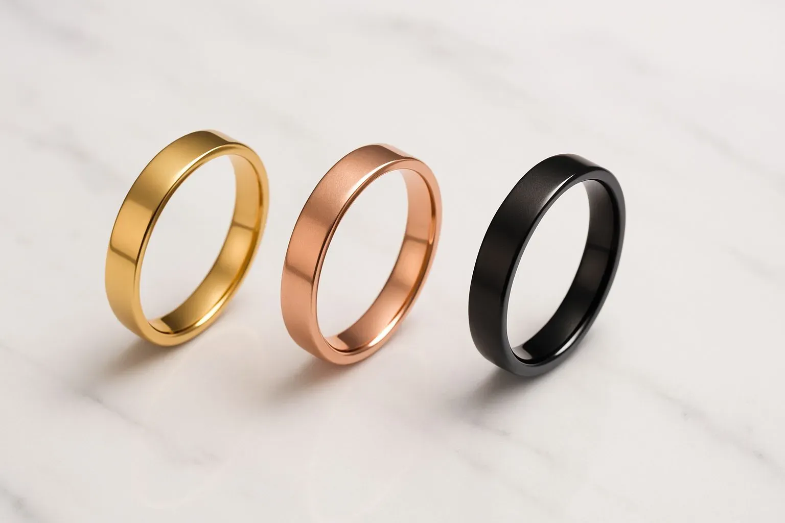 A comparative display of gold rose gold and black plated rings