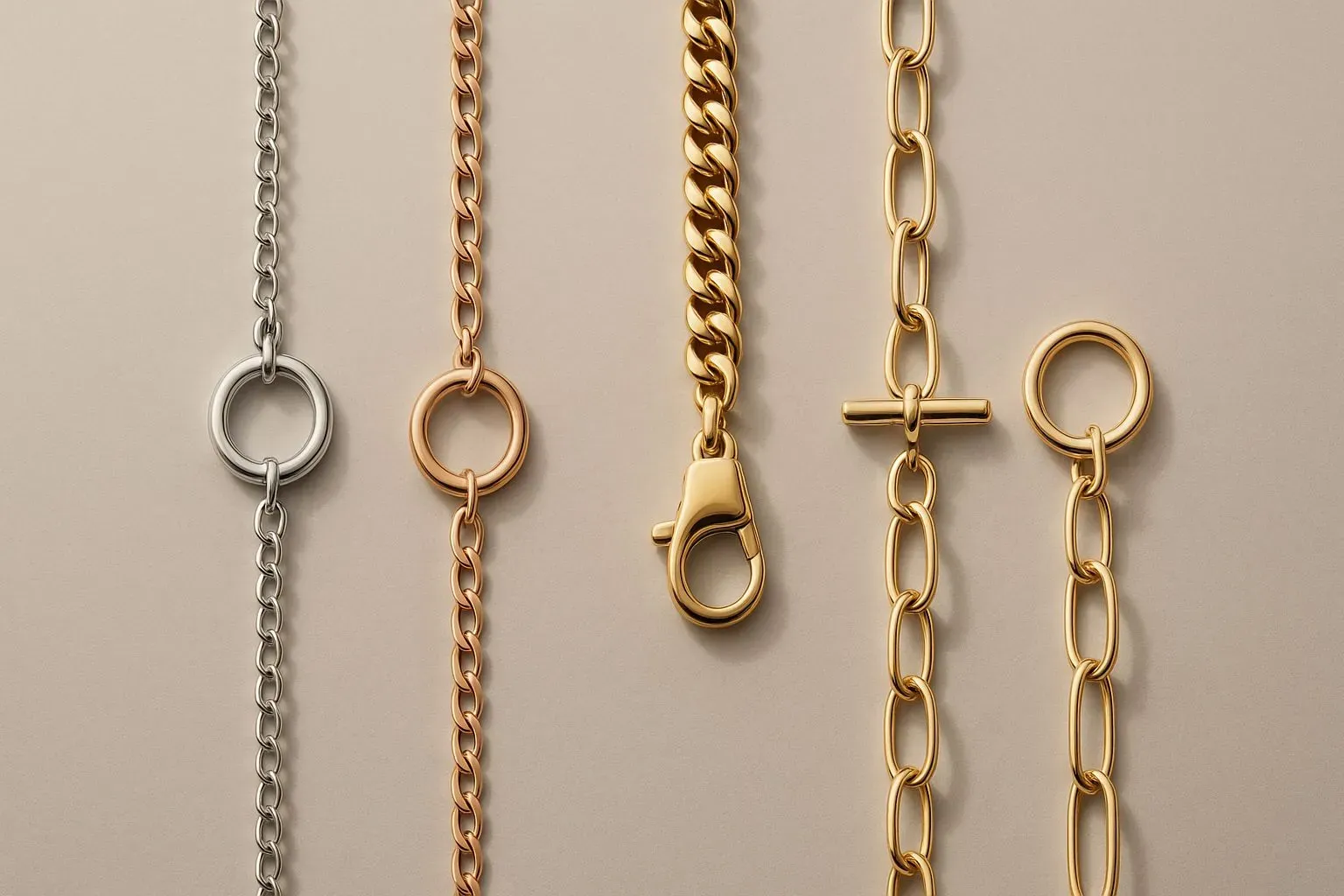 A variety of chain and closing device options are displayed