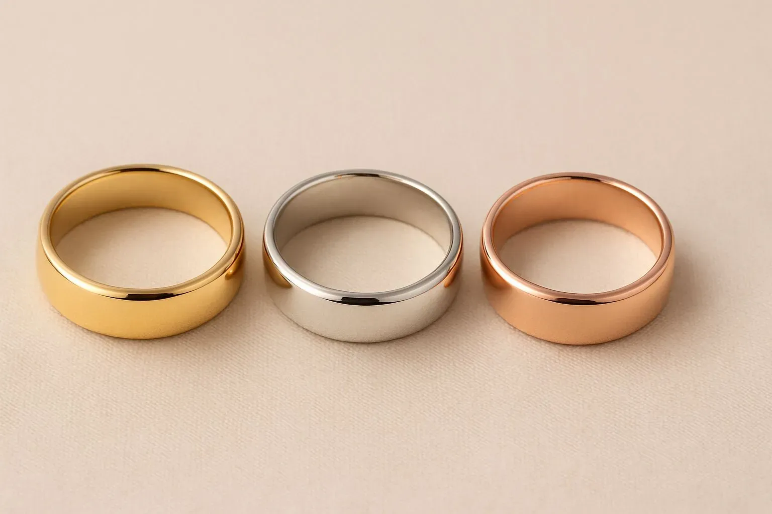 A variety of metal colored rings are on display