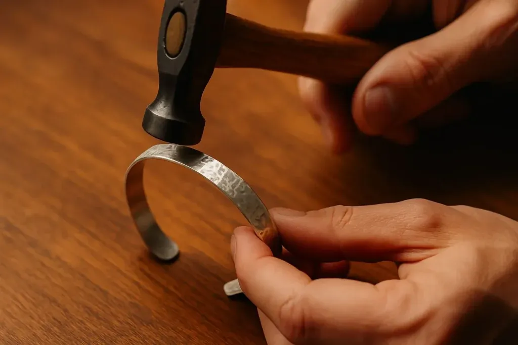 Close up of the bracelet hammer texture treatment process