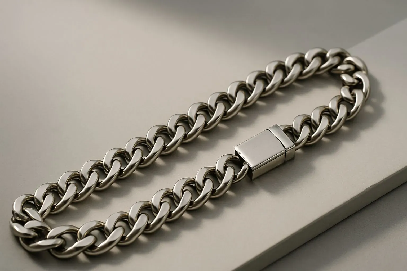 Details of the clasp closure bracelet and chain are displayed