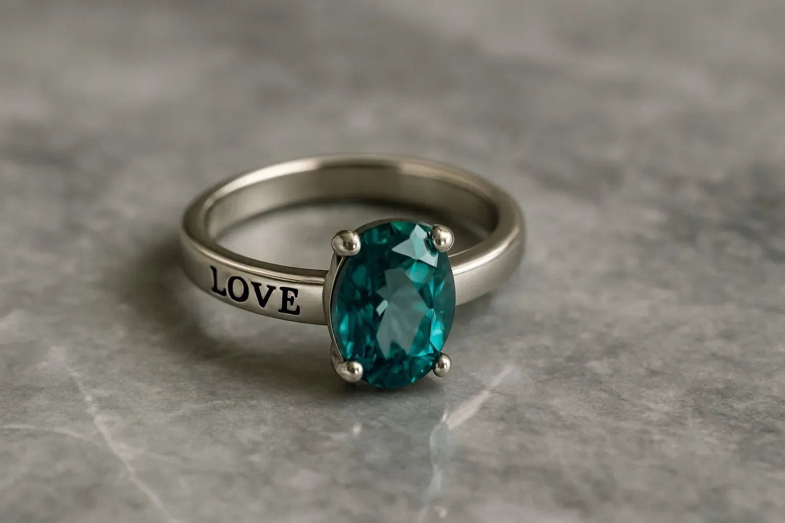 Display of custom ring gemstone setting and engraved details
