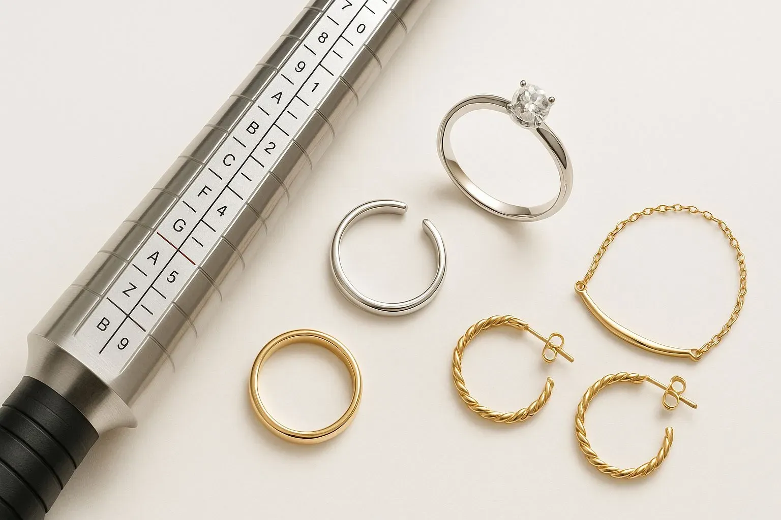 Display of jewelry size measurement and custom adjustment tools