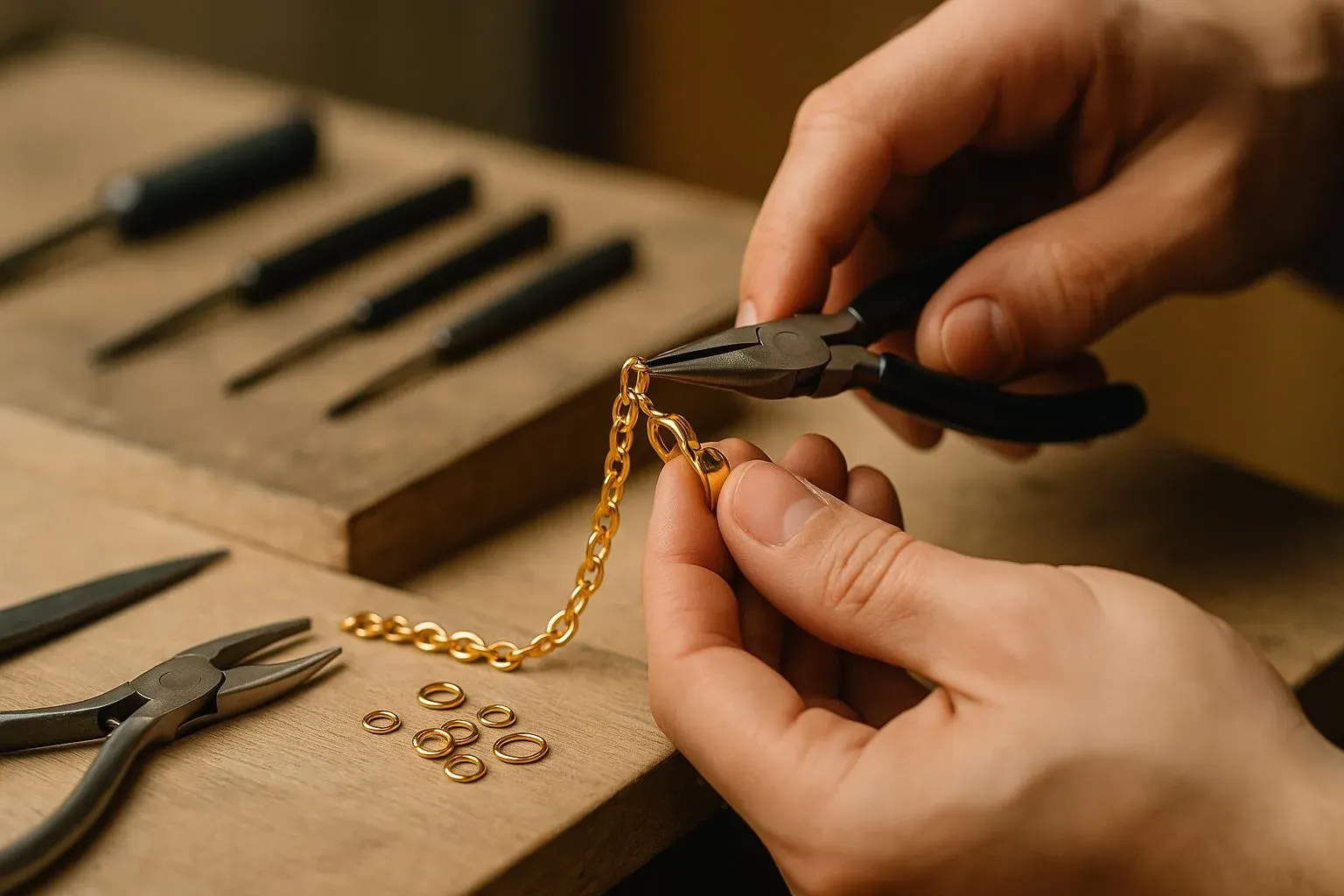 Jewelry artisans adjust the details of the chain and fasteners