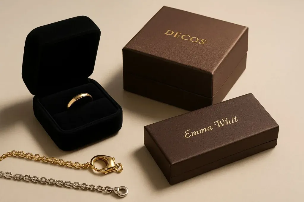 Personalized luxury jewelry packaging with velvet and gold accents