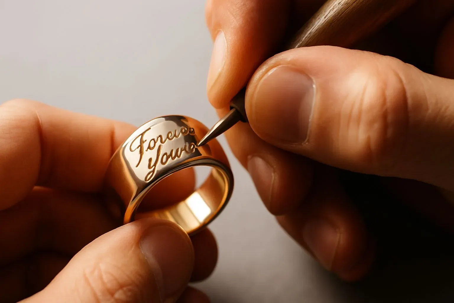The process of engraving words on a gold ring by a craftsman