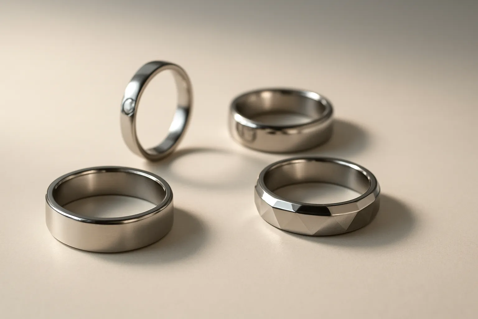 A beautiful collection of stainless steel rings, elegant and modern design.