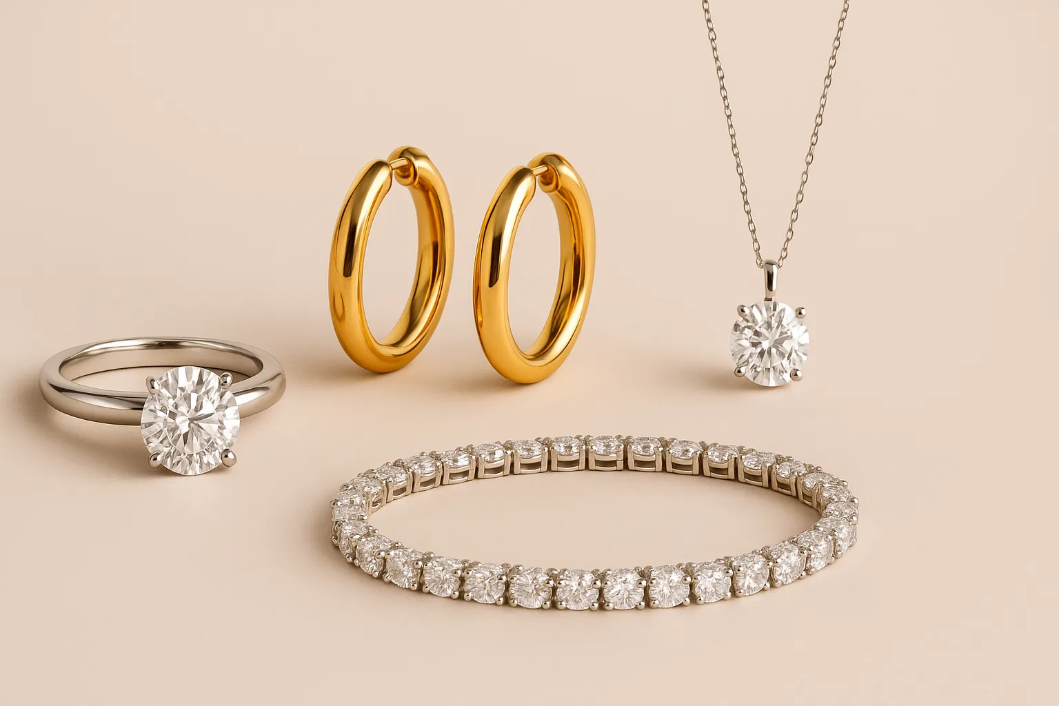 Exquisite jewelry collection showcasing gold hoop earrings, diamond engagement ring, pendant necklace, and tennis bracelet.