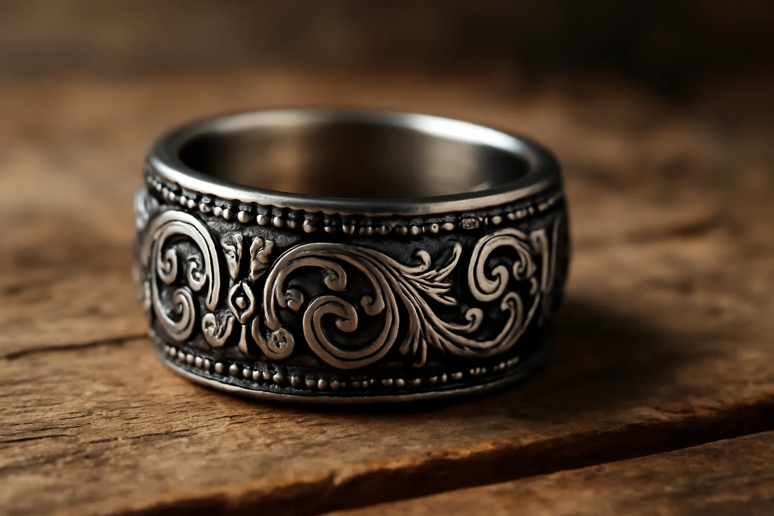 A vintage-inspired stainless steel ring with detailed carvings