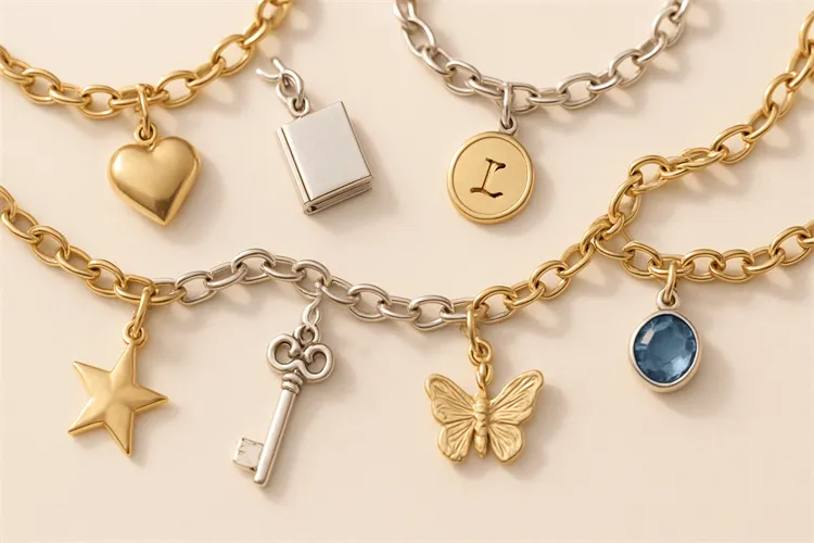 Variety of charm bracelets with personal charms.