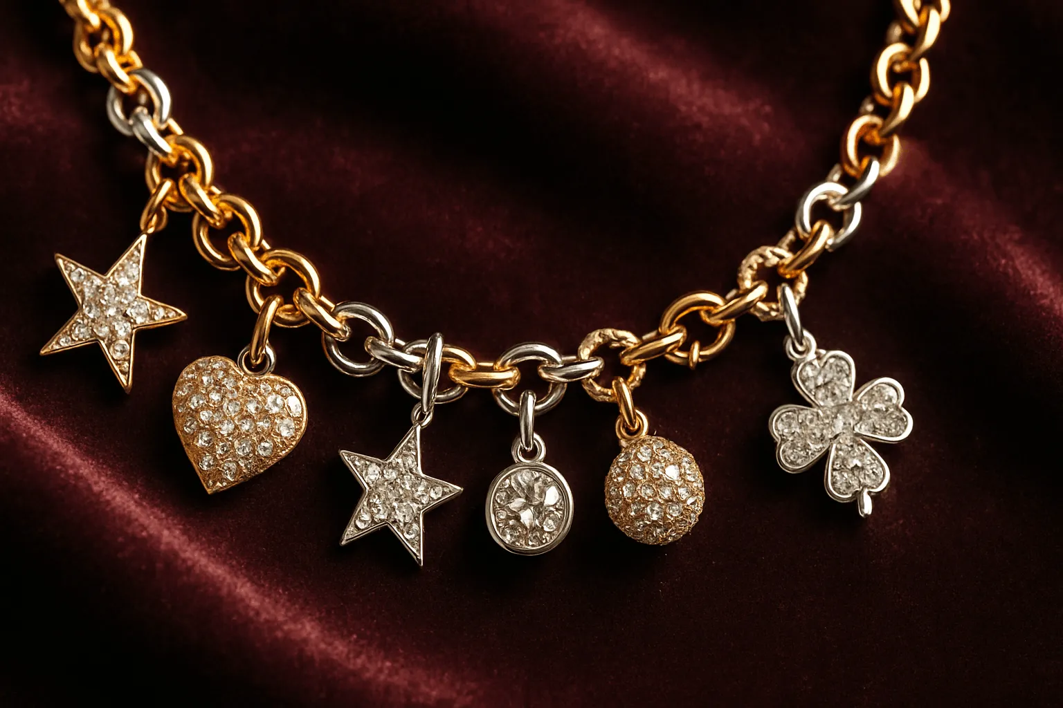 Elegant charm chain jewelry with gold, silver, and rose gold accents