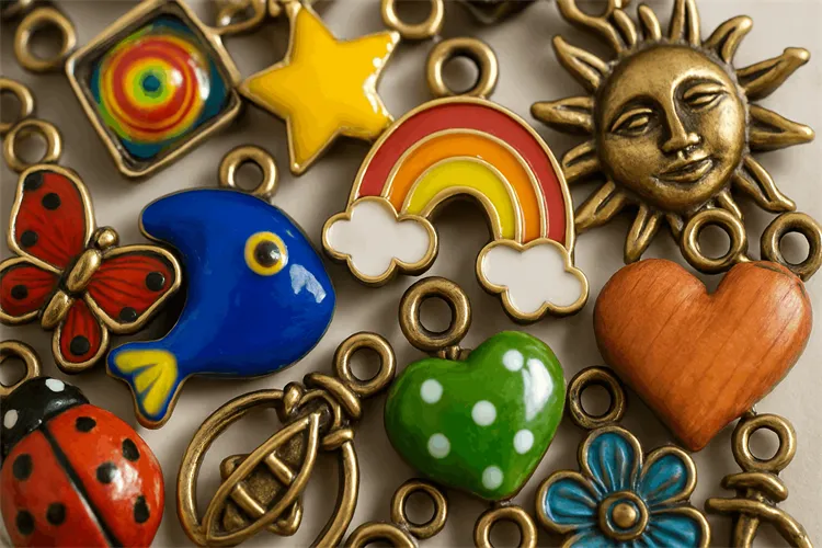 Metal, glass, and wooden charms for charm bracelets.