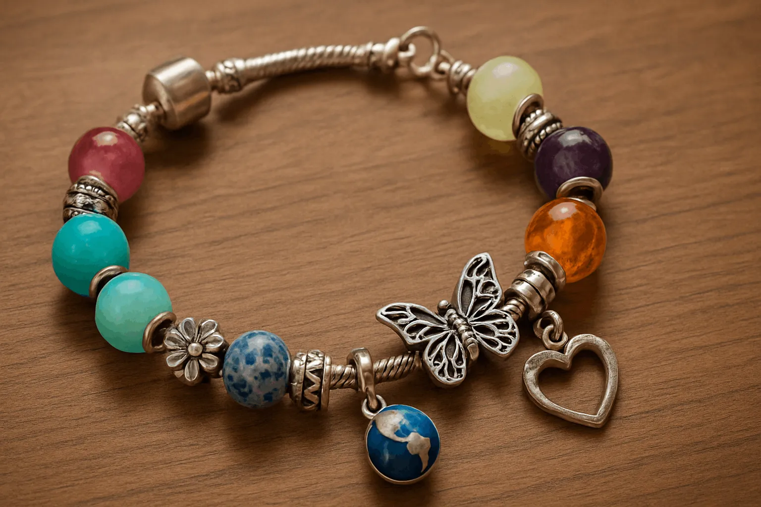 Personalized charm bracelet with vibrant colors and meaningful charms.