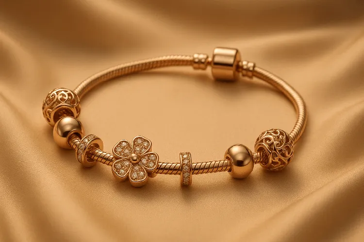 Sliding and fixed-position charms on a stylish bracelet, showcasing different charm fixing mechanisms.