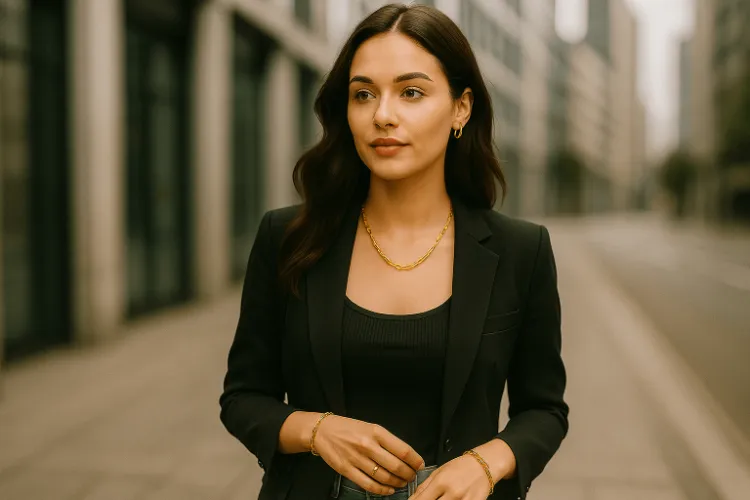 Stylish woman wearing stainless steel jewelry in the city