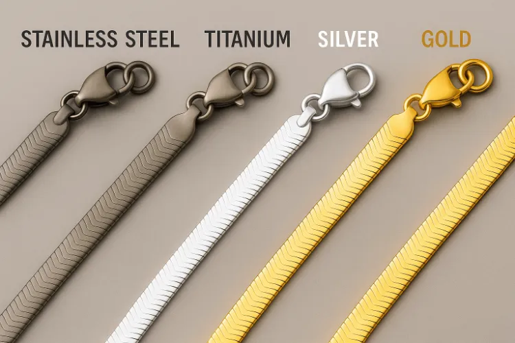 A close-up of a polished gold flat snake chain necklace, showcasing its smooth, sleek texture.