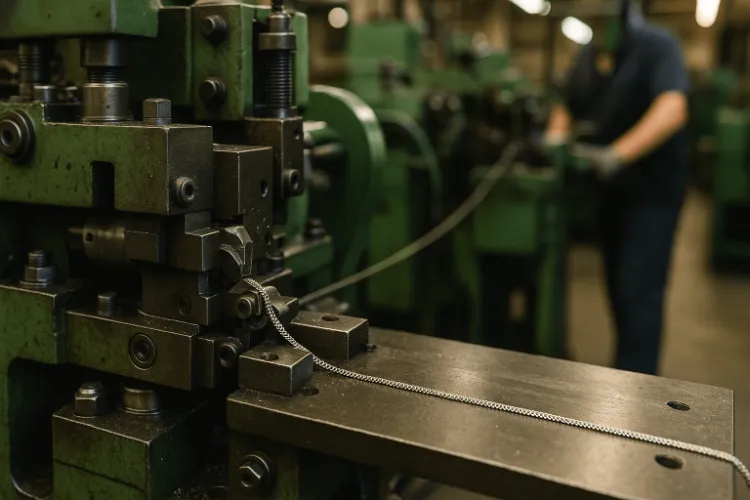 The production line in an industrial factory, showing machines forming and assembling metal links for snake chains.