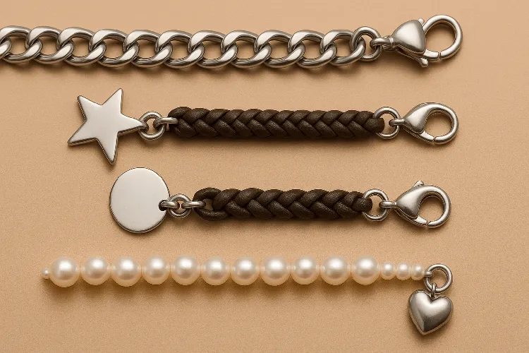 Various charm chains in metal, leather, and pearl thread with complementary charms.