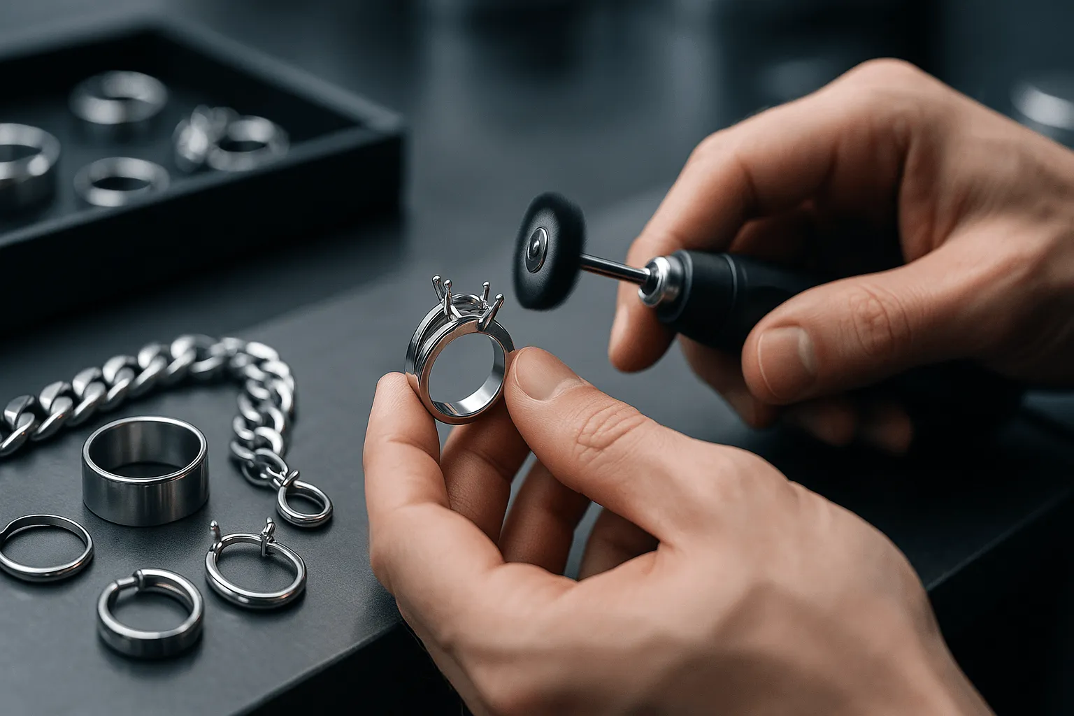 Stainless steel jewelry manufacturing process, premium craftsmanship.