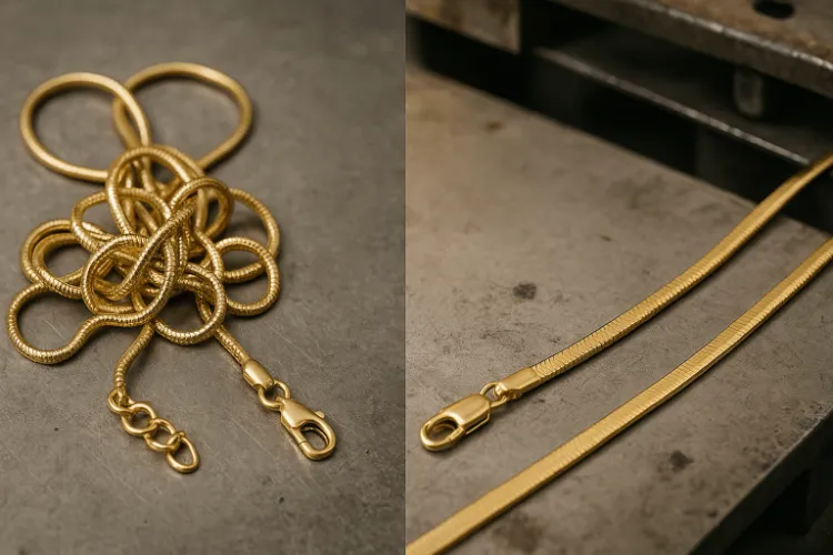 A comparison image showing a tangled gold flat snake chain necklace on the left and an improved version on the right, with enhanced design to prevent tangling and breakage.
