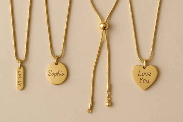 A collection of personalized snake chain necklaces with different lengths and customized pendants, showcasing various design options for customers.