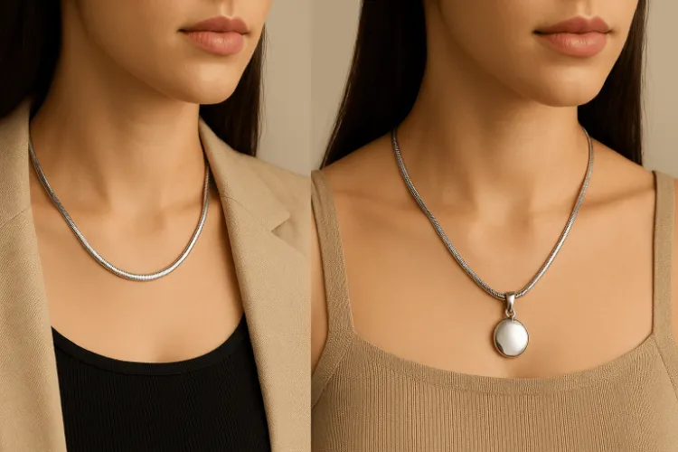 A snake chain necklace displayed on a model, demonstrating how it can be worn with different charms or pendant designs for added personalization.