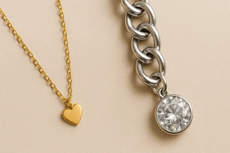 Comparison of delicate and bold charm chains with heart and crystal charms
