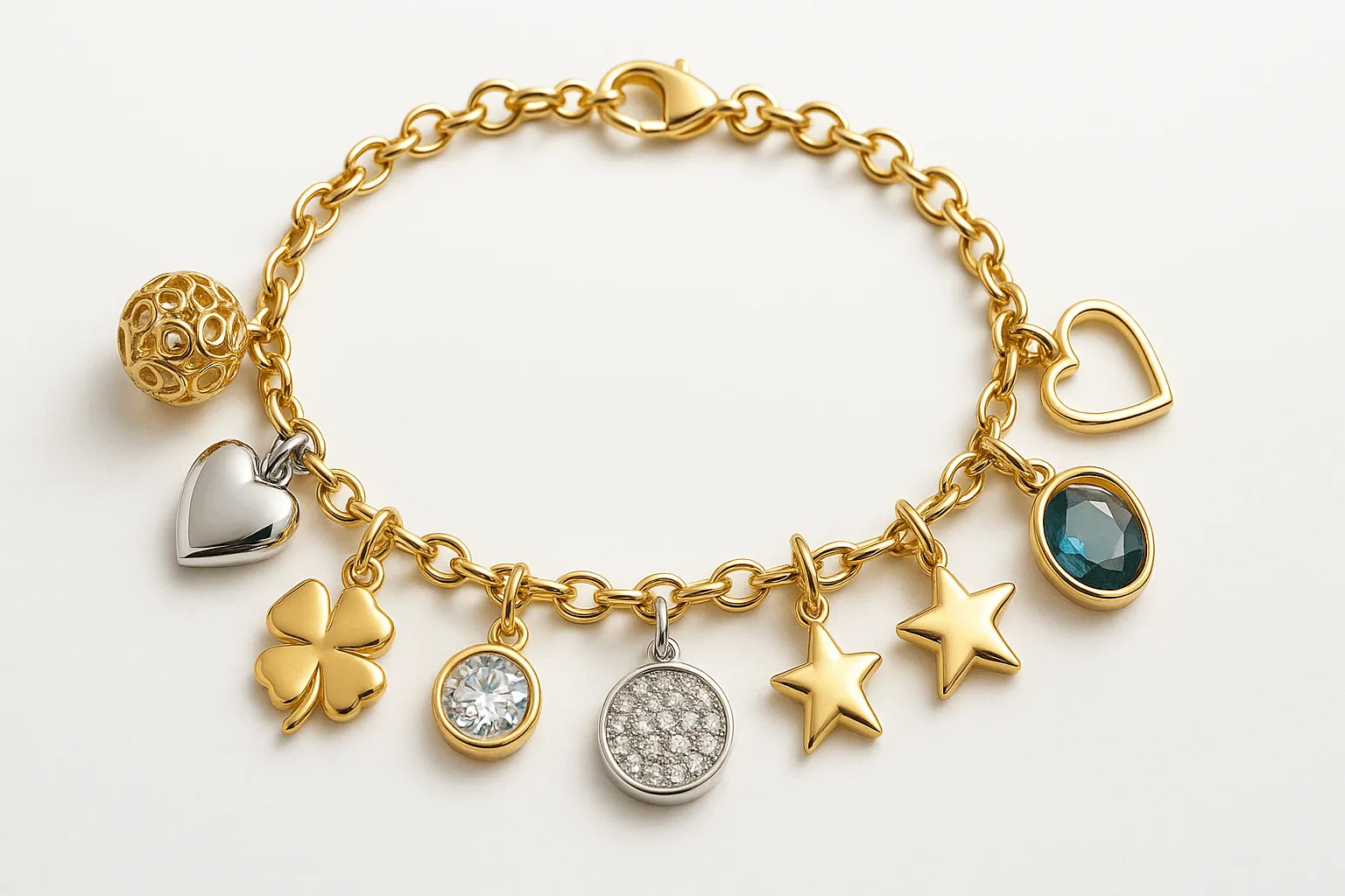 Personalized charm bracelet featuring luxurious gold, silver, and gemstone charms.