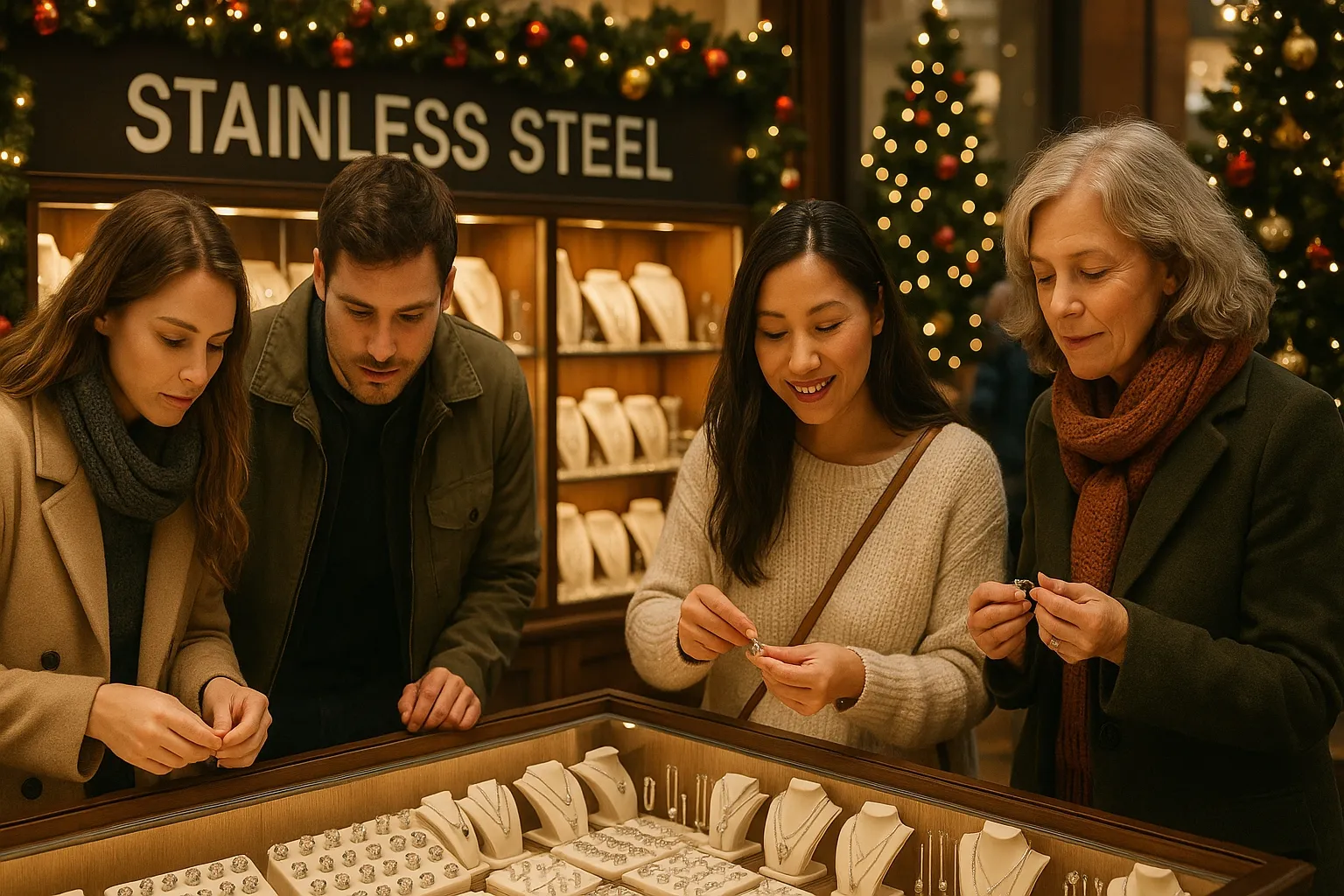 Four customers browsing stainless steel jewelry at a store counter decorated for Christmas, with necklaces and rings displayed in the background.