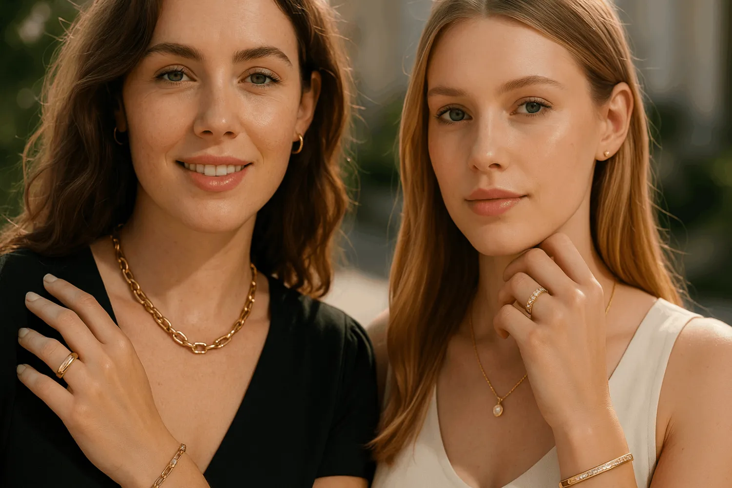 A sleek stainless steel necklace and bracelet set worn by a model, highlighting the durability and elegance of the accessories