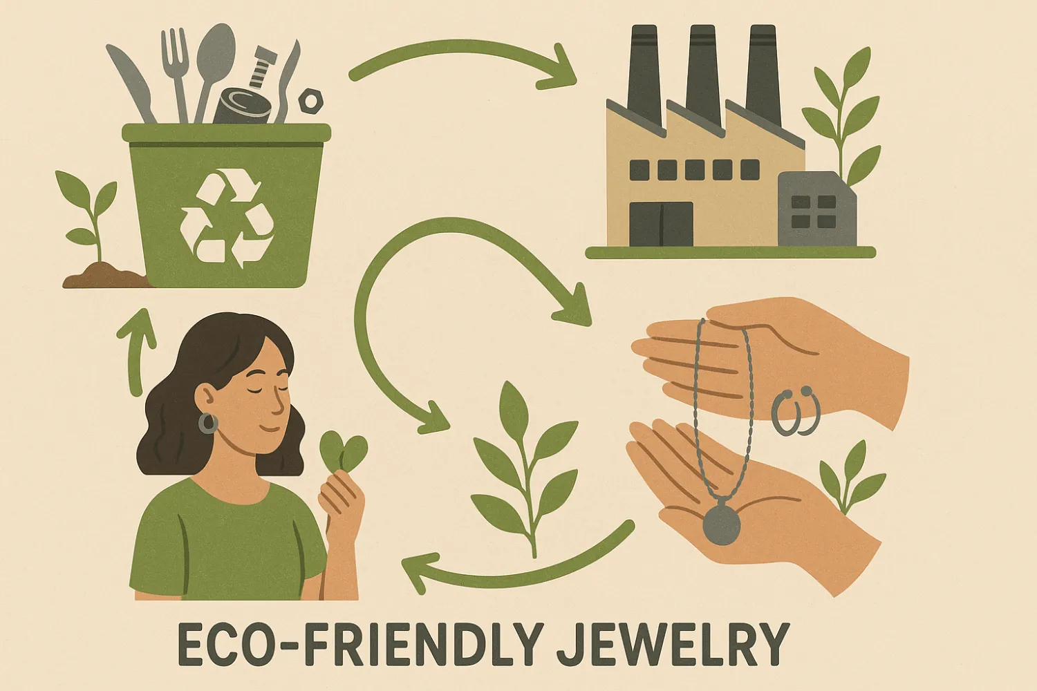 A visual representation of stainless steel jewelry production, showing eco-friendly practices and recyclable materials used