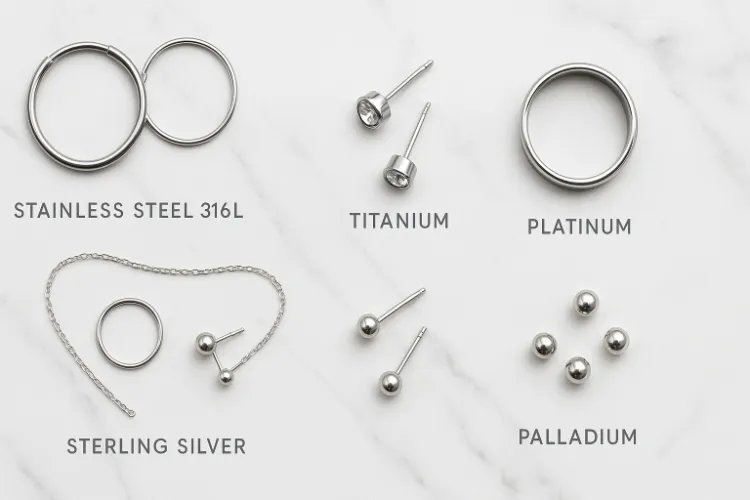 Nickel-free jewelry materials: stainless steel, titanium, silver, platinum, palladium